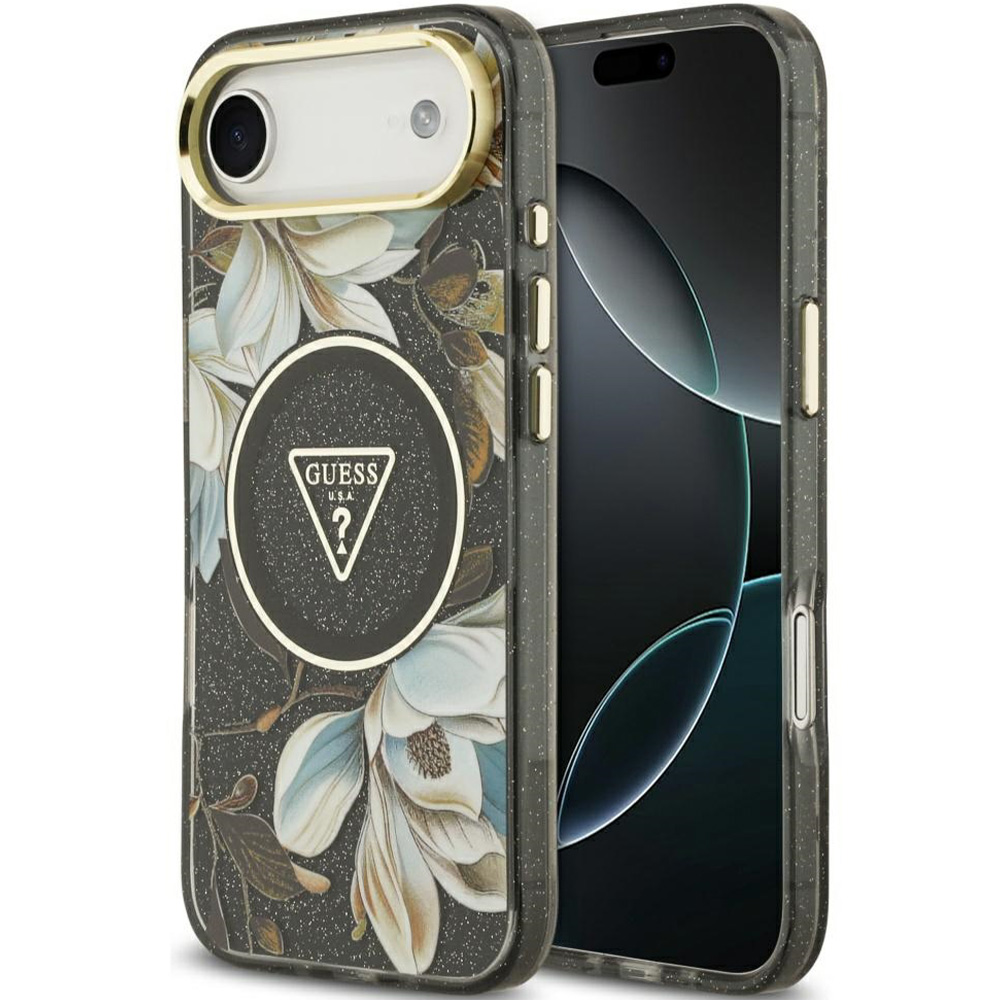 Etui Guess IML Metal Glitter Flowers Triangle do MagSafe do iPhone Air, czarne z kwiecistym wzorem